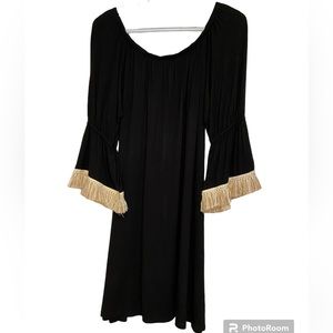 Rachel Kate Black Knit Dress Off Shoulder Fringe Sleeves Size L Beach Summer